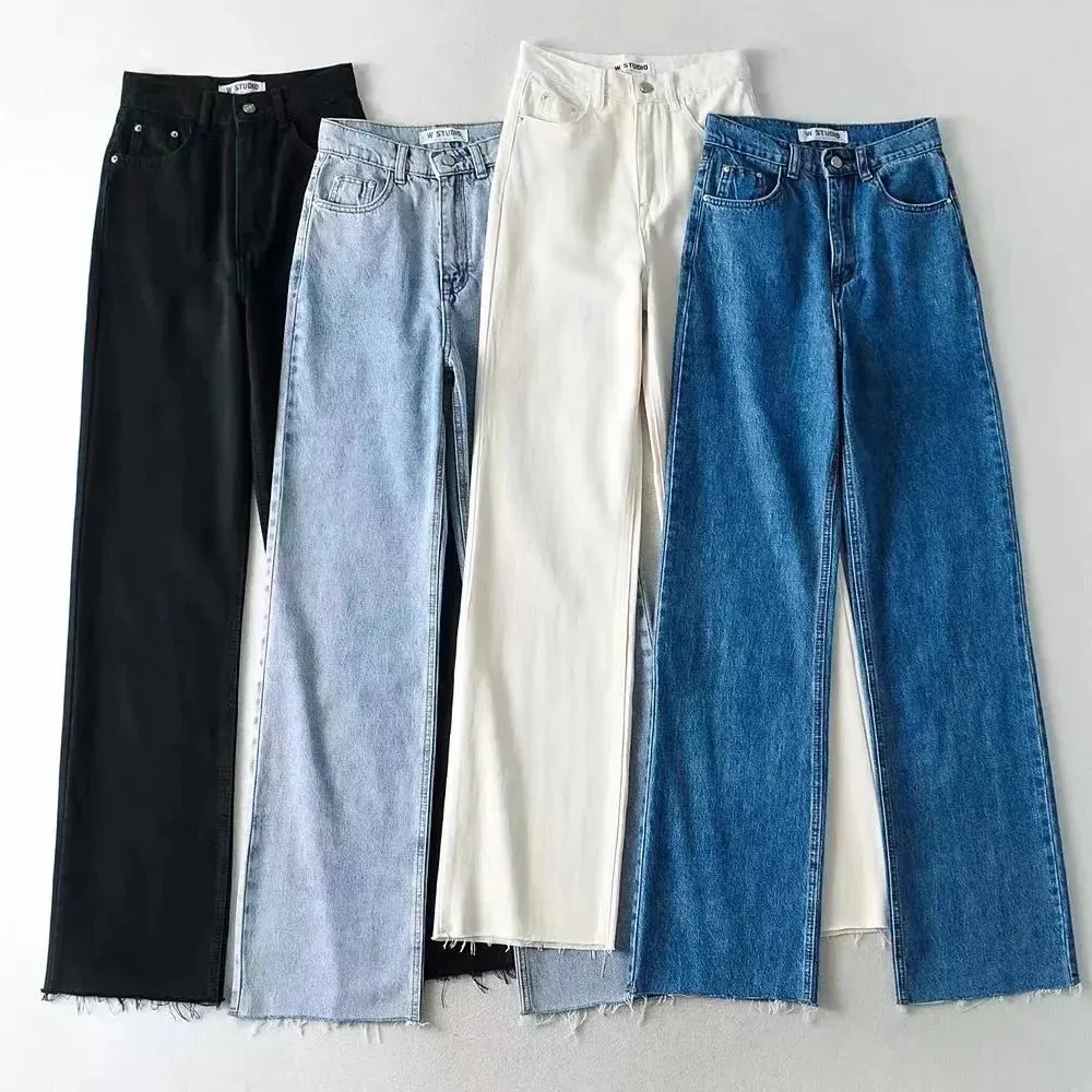 Women's High Waist Raw Edge Tassel Straight Jeans Y2K Streetwear