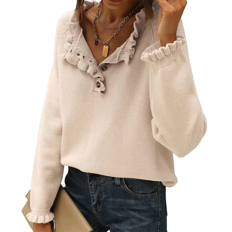 Women's Knitted Casual Long Sleeve Button Ruffle Pullover Sweater