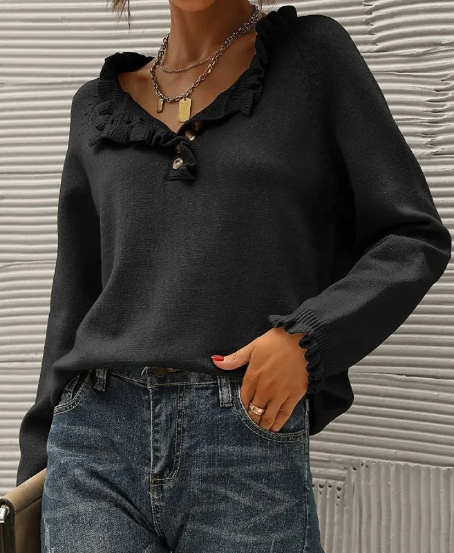 Women's Knitted Casual Long Sleeve Button Ruffle Pullover Sweater