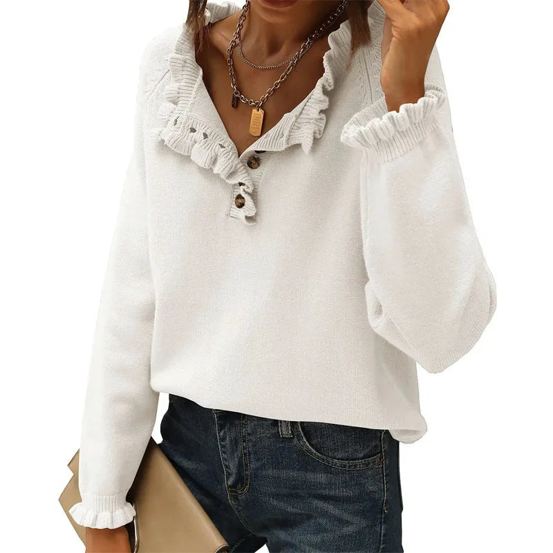 Women's Knitted Casual Long Sleeve Button Ruffle Pullover Sweater